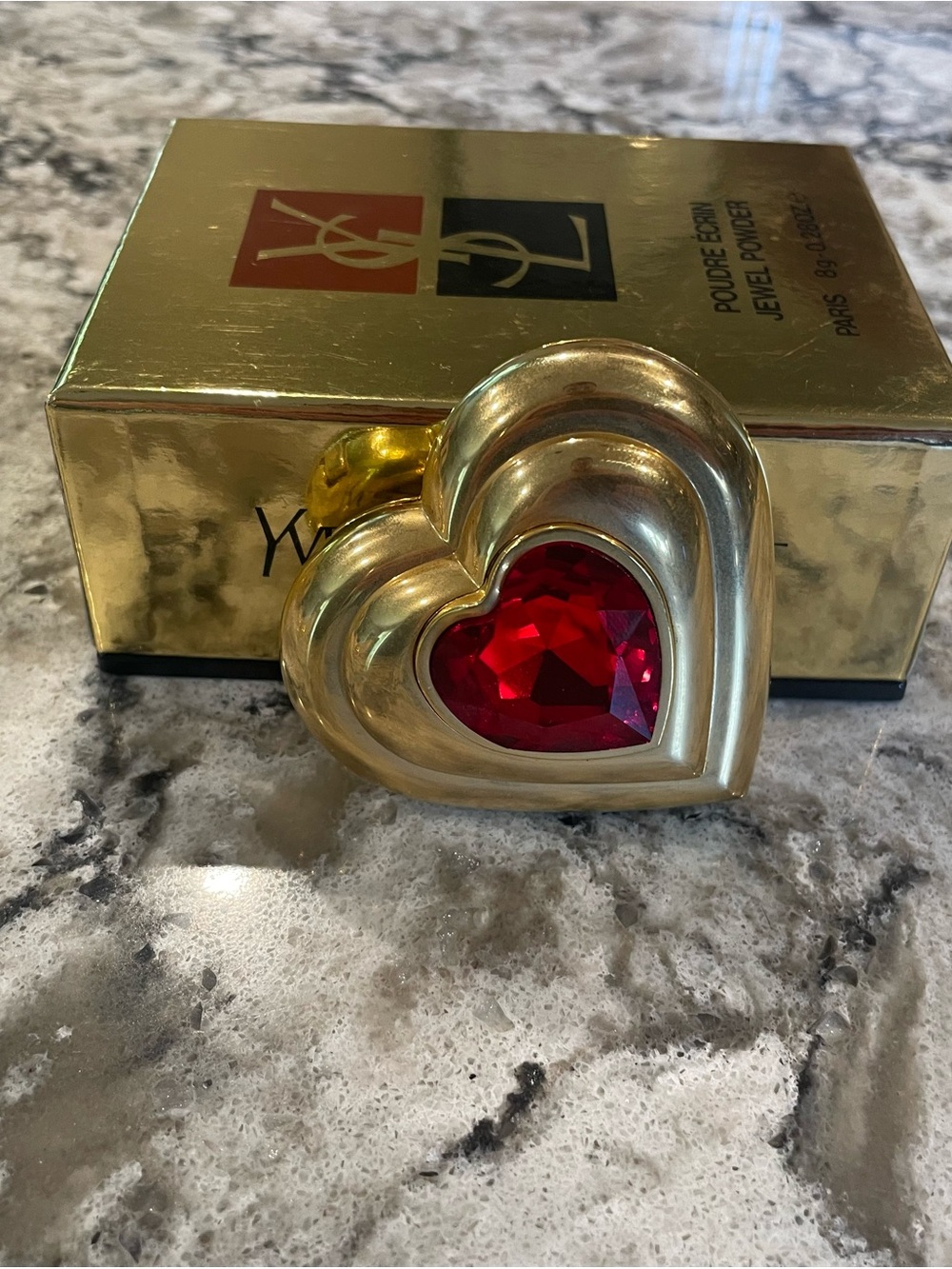 Yves Saint Laurent Gold Heart Compact with Red Heart Jewel